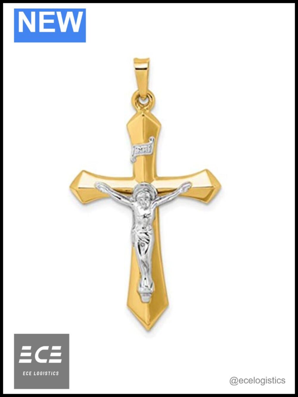 14K Gold Crucifix Necklace Two Tone White Yellow Gold Pendant 18 Inch Chain